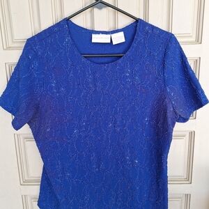 Worthington Glitter Blouse (2) SzXL Red/Blue Short Slvs RoundNeck Nylon/Shiny